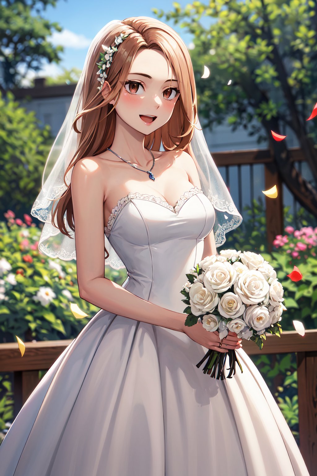 masterpiece, best quality, highres, 1girl, solo, long hair, brown hair, brown eyes, <lora:shiba_yuzuha_v1:0.7>, wedding dress, white dress, strapless, necklace, standing, cowboy shot, smile, open mouth, holding bouquet, garden, confetti,