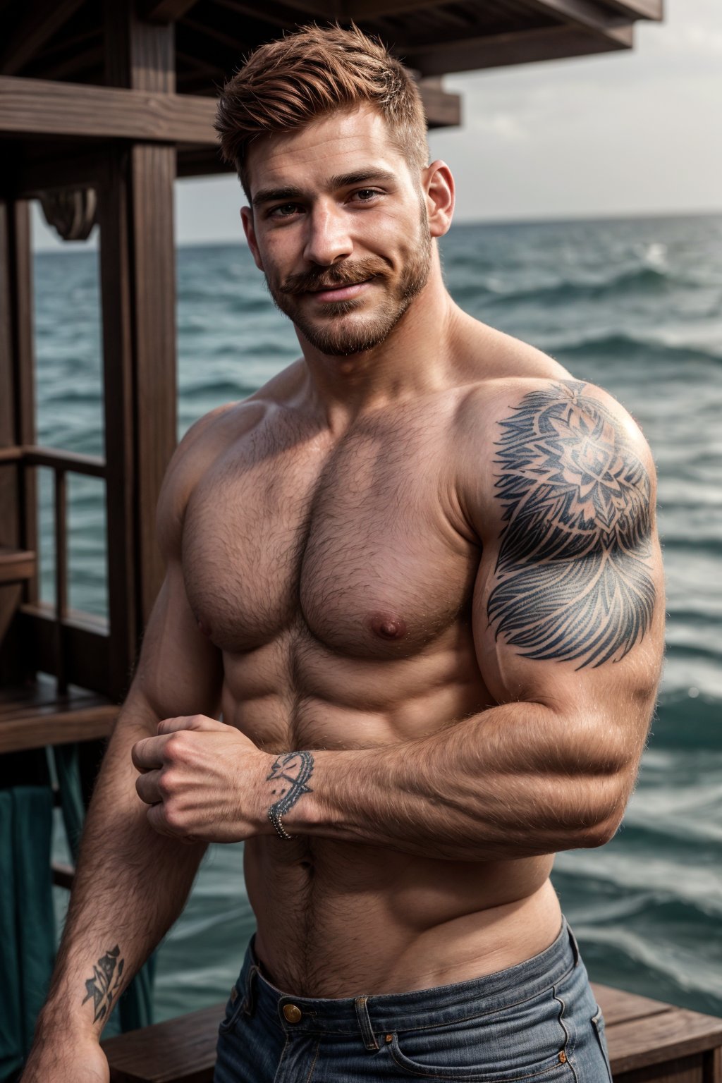 A handsome man, 28yo, cowboy who is muscular broad-shouldered barrel-chest, short high-fade unattached Auburn hair, thick Auburn mustache, Auburn trimmed  shadow stubble, massive centered chest Wolf head tattoo, random sleeve tattoo on right arm from shoulder to wrist, and detailed intricate delicate and violent sea tattoo with sea animals and a great white shark,  dark slightly hairy chest, sarcastic grin yet stunningly handsome, RAW photo, detailed photo, gorgeous, shallow depth of field, bokeh, volumetric lighting, (surreal:0.4), hyper detailed photorealistic life-like accurate proportional 8k sharp focus, (accurate cinematic lighting), photorealistic detail, (selective focus:0.6)  <lora:more_details:0.7>