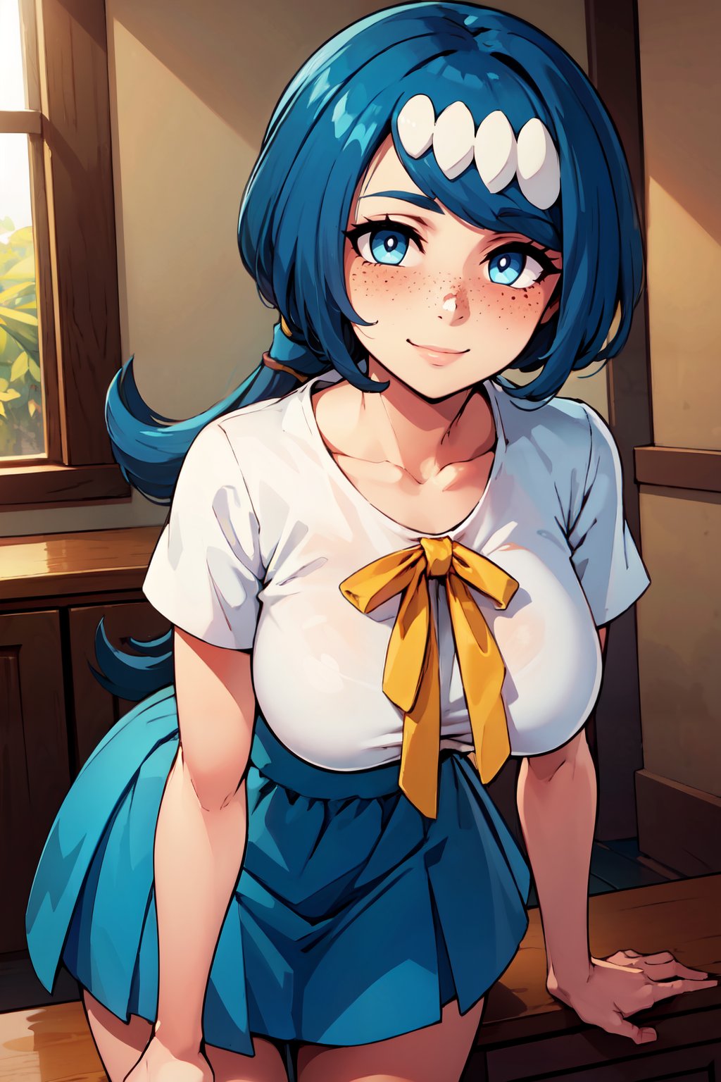 ((masterpiece,best quality)), absurdres,  BREAK,, <lora:Lanas_Mother_Pokemon:0.8>, zzLanasMother, blue hair, blue eyes, long hair, freckles, large breasts, hair ornament, white shirt, blue skirt, , BREAK, leaning forward, head tilt, blush,, BREAK, solo, smile, looking at viewer, cowboy shot,