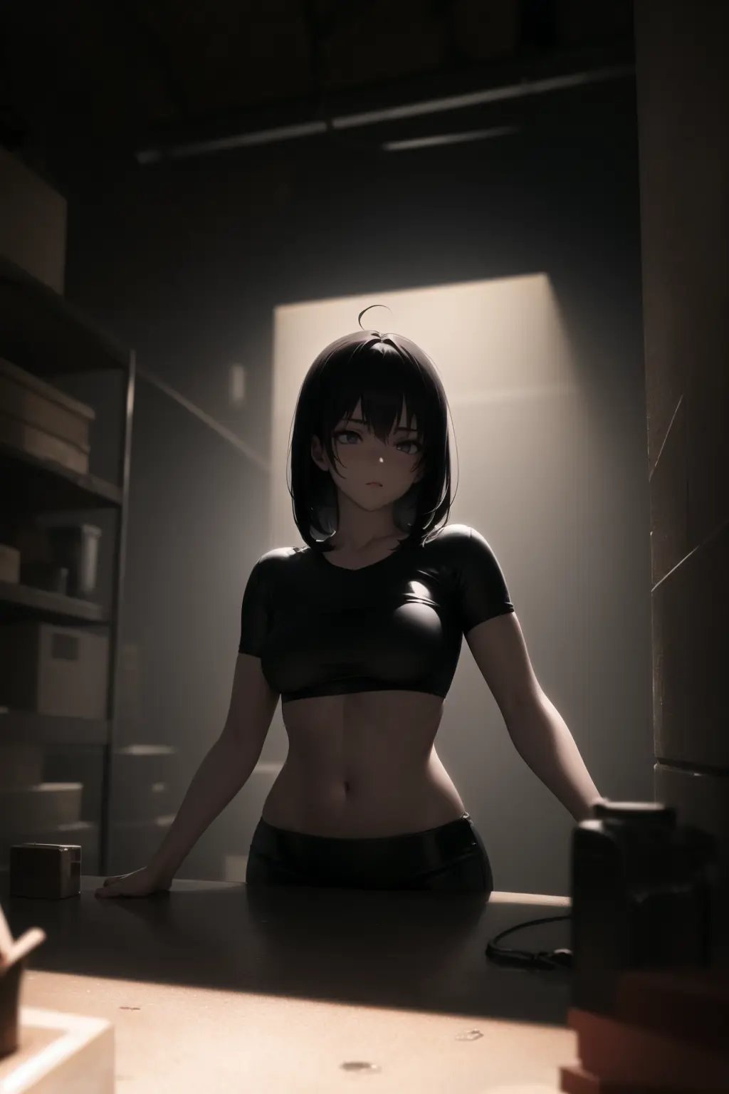 <lora:basement_v0.2:1> basement, 1girl, (dark:1.5), dimly lit, rimlight, upper body,, masterpiece, best quality, highly detailed