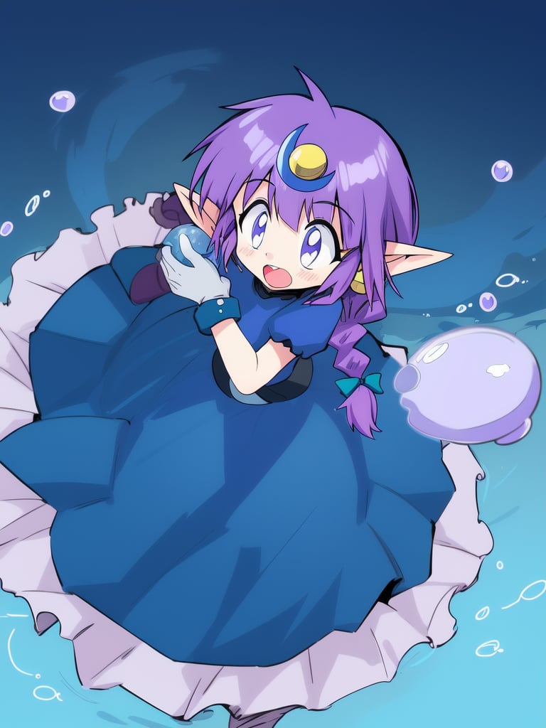 <lora:Arara_Cocoa:0.9>　AraraCocoa, underwater, solo, pointy ears, braid, crescent hair ornament, purple hair, dress, air bubble, gloves, 1girl, bubble, blue dress, 1boy, male focus, open mouth,sky, masterpiece, high quality, very_high_resolution, large_filesize, full color,