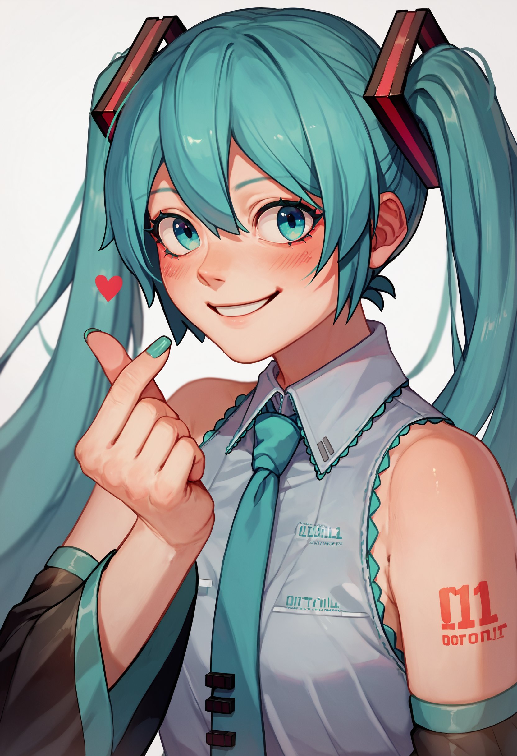 score_9_up score_8_up score_7_up, 1girl, finger heart, smile, hatsune miku<lora:finger_heart_korean:1>