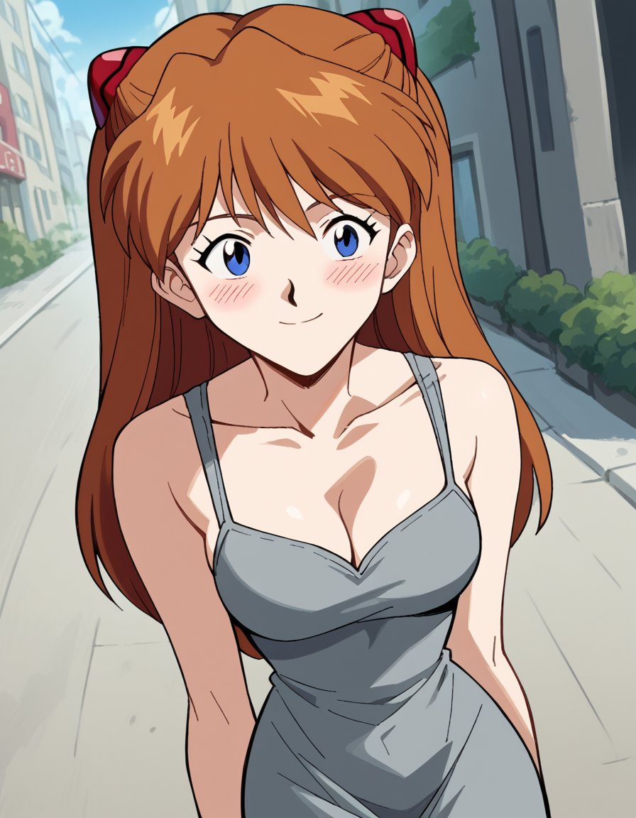 score_9, score_8_up, score_7_up, source_anime, asukalangleysoryu, <lora:asuka-langley-soryuu-classic-ponyxl-lora-nochekaiser:1>, asuka langley soryu, long hair, bangs, blue eyes, brown hair, hair ornament,, <lora:dongtan-dress-ponyxl-lora-nochekaiser:1>, dongtan dress, cleavage, taut dress, grey dress, collarbone,, outdoors, street, blush, smile,, cowboy shot, dutch angle,