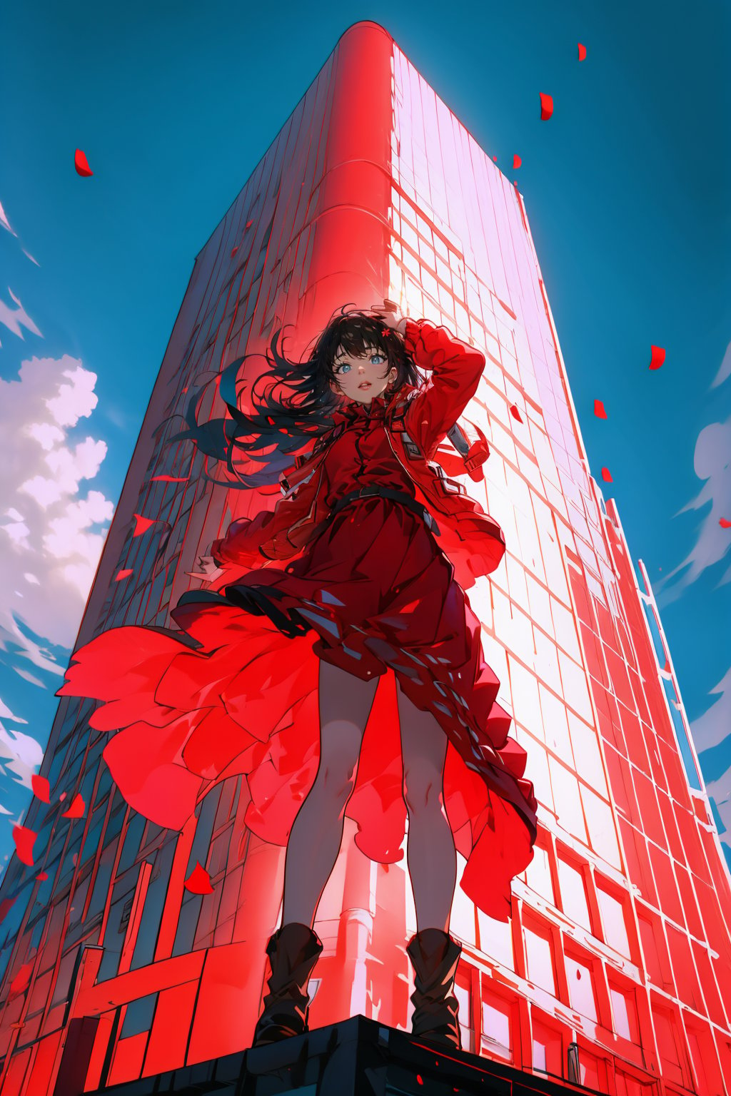 <lora:tiao1:0.8>,1girl, solo, long hair, sky, from below, black hair, outdoors, day, blue sky, wind, standing, cloud, red dress, building, red jacket, skirt, long sleeves, boots, arm up, dress, jacket, full body, parted lips, petals, masterpiece,best quality,highres,8k uhd,