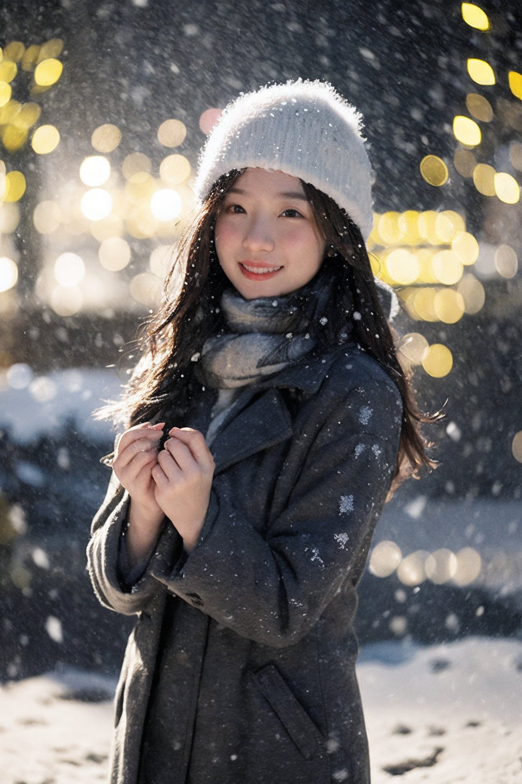 1girl,(snow:1.2),(snowing:1.2),snow,solo,scarf,long hair,smile,brown hair,bokeh,realistic,coat,blurry,sense of atmosphere