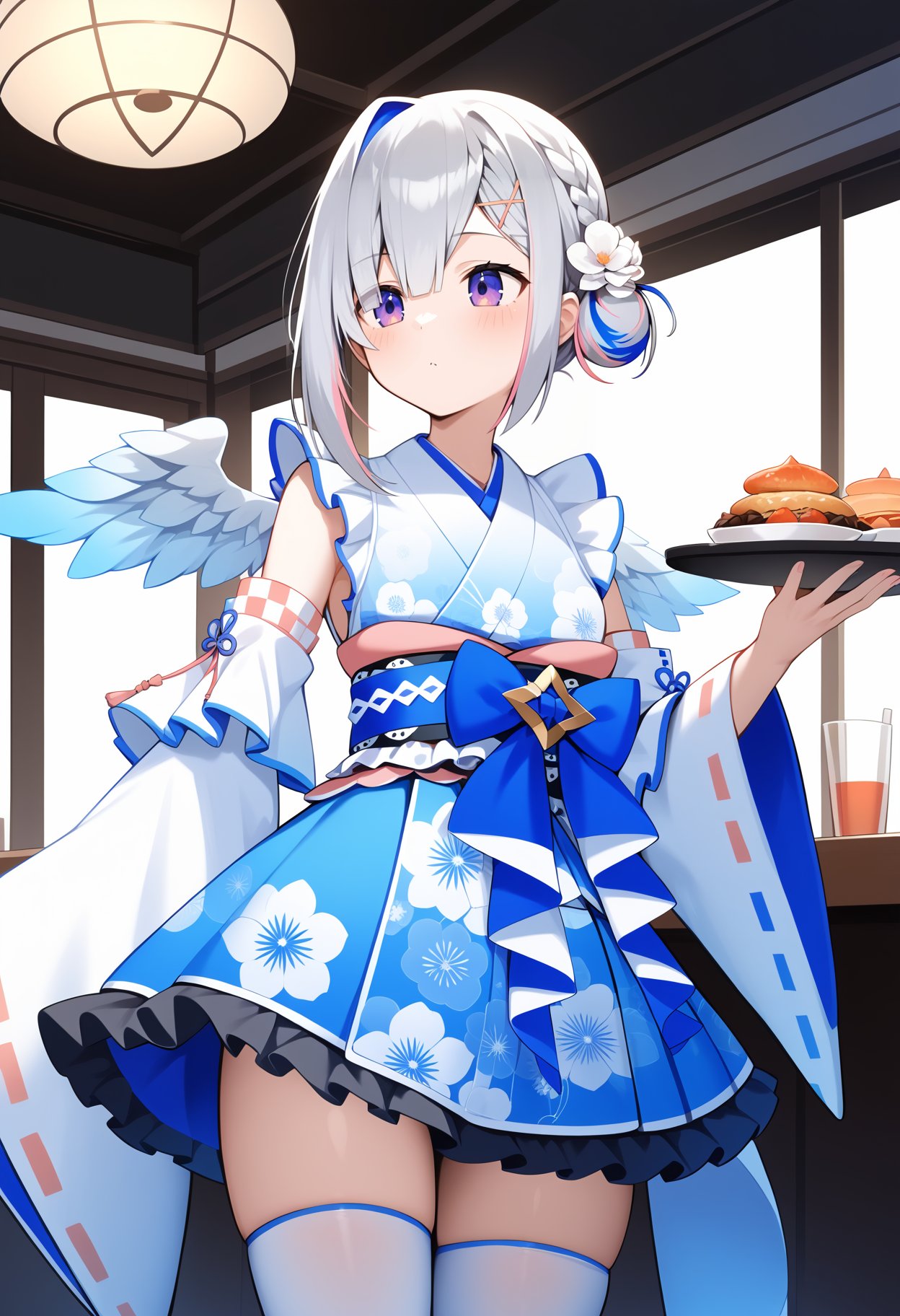 score_9, score_8_up, score_7_up, score_6_up, score_5_up, score_4_up, source_anime, cckanata, short hair, multicolored hair, grey hair, braid, single side bun, hair flower, x hair ornament, purple eyes, wings, frills, floral print, sleeveless kimono, white kimono, detached sleeves, wide sleeves, sleeves past wrists, obi, blue bow, kimono skirt, blue skirt, white thighhighs, <lora:amane_kanata_ponyxl_v1:0.9>, restaurant, indoors, standing, cowboy shot, holding tray, looking at another, 