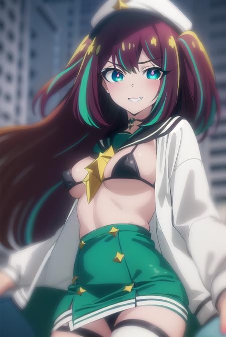 matamaakoya, <lora:matama akoya s1-alpha-lora-nochekaiser:1>,matama akoya, long hair, brown hair, (green eyes:1.3), multicolored hair, two side up, streaked hair, smile, grin,BREAK skirt, thighhighs, long sleeves, hat, jacket, swimsuit, bikini, open clothes, black thighhighs, sailor collar, star \(symbol\), nail polish, neckerchief, black bikini, white headwear, (bikini top only:1.5), (white jacket:1.5), (green skirt:1.5), pencil skirt, (green pencil skirt:1.5), covered navel,BREAK outdoors, city,BREAK looking at viewer, (cowboy shot:1.5),BREAK <lyco:GoodHands-beta2:1>, (masterpiece:1.2), best quality, high resolution, unity 8k wallpaper, (illustration:0.8), (beautiful detailed eyes:1.6), extremely detailed face, perfect lighting, extremely detailed CG, (perfect hands, perfect anatomy),