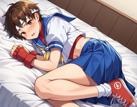 score_9, score_8_up, score_7_up, source_anime,sakurakasugano, <lora:sakura-kasugano-ponyxl-lora-nochekaiser:1>,sakura kasugano, brown eyes, brown hair, short hair, mature female,ankle socks, blue skirt, crop top, headband, midriff, miniskirt, navel, sailor collar, school uniform, shoes, short sleeves, skirt, sneakers, socks, stomach, shirt, white shirt, white headband, gloves, red gloves,indoors, bed, bed room, on side, blush, drunk,looking at viewer, dutch angle, cowboy shot,