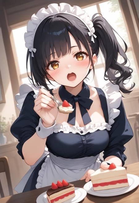 score_9, score_8_up, score_7_up, source_anime,1girl,solo,medium breasts, maid, maid headdress,feeding, food, open mouth, incoming food, looking at viewer, holding fork, cake <lora:feeding_Pony_v1:0.8>dutch angle, wide shot, black hair, golden eyes,full face blush, meadow, side ponytail hair,,