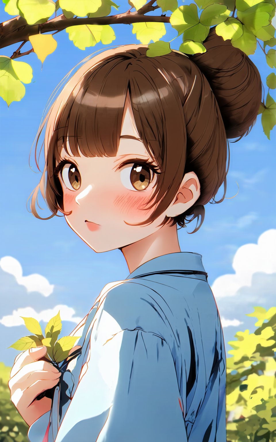 anime style, 1girl,looking at viewer,blush,bangs,brown hair,ribbon,holding,brown eyes,hair ribbon,upper body,outdoors,sky,day,looking back,hair bun,blue sky,leaf,facial mark,single hair bun,forehead mark,branch,holding leaf,ginkgo leaf