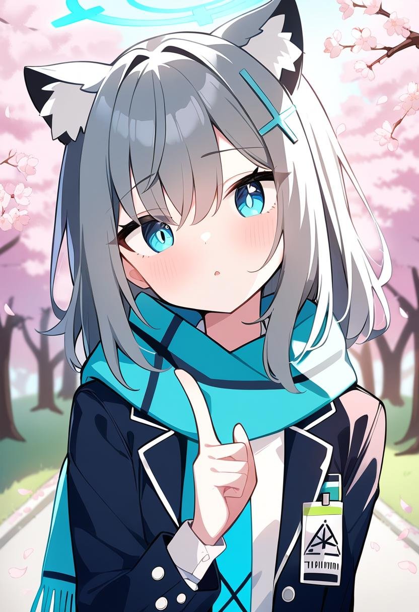 1girl, shiroko \(blue archive\), blue archive, bow, eyelashes, furrowed brow, hair between eyes, hand up, jacket, looking at viewer, jacket, scarf, scrunchie, sidelocks, simple outdoors, solo, head tilt, index finger raised, cherry blossoms, animal ears, masterpiece, best quality, very aesthetic, absurdres,