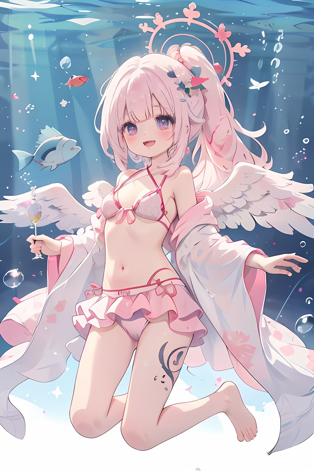 masterpiece,best quality,1girl,solo,long_hair,breasts,looking_at_viewer,blush,smile,open_mouth,bangs,hair_ornament,navel,purple_eyes,swimsuit,full_body,ponytail,pink_hair,bikini,small_breasts,frills,wings,barefoot,pink_eyes,water,see-through,tattoo,halo,head_wings,feathered_wings,fish,frilled_bikini,bubble,angel_wings,shawl,underwater,white_wings,angel,pink_bikini,air_bubble,low_wings,pubic_tattoo,hagoromo,