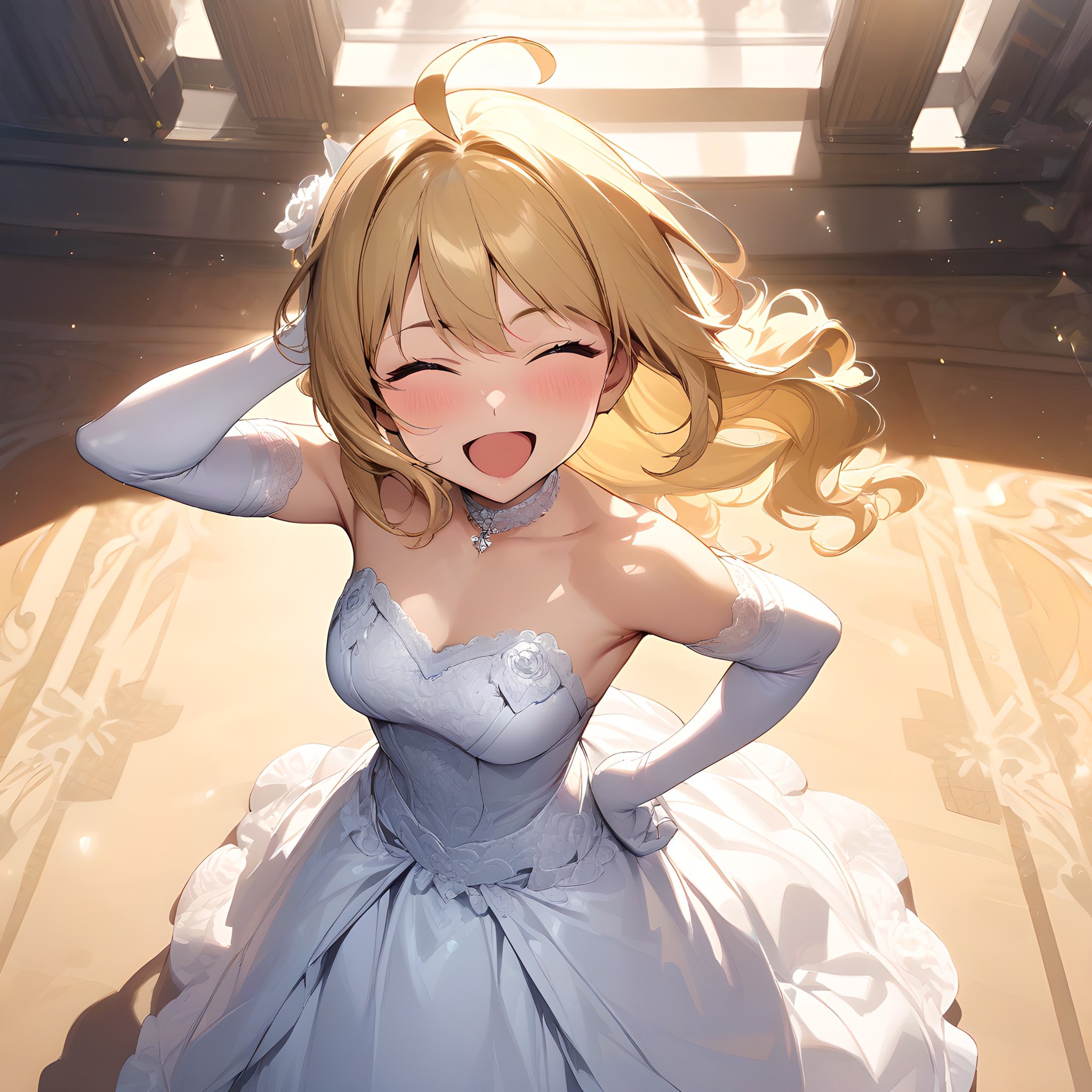 (masterpiece),(best quality),(ultra-detailed),(best illustration),(best shadow),(absurdres),(detailed background),(very aesthetic), hoshii_miki, 1girl, blonde hair, long hair, closed eyes, gloves, dress, elbow gloves, solo, flower, open mouth, wedding dress, choker, smile, ahoge, hand on hip <lora:Hoshii_Miki:1>