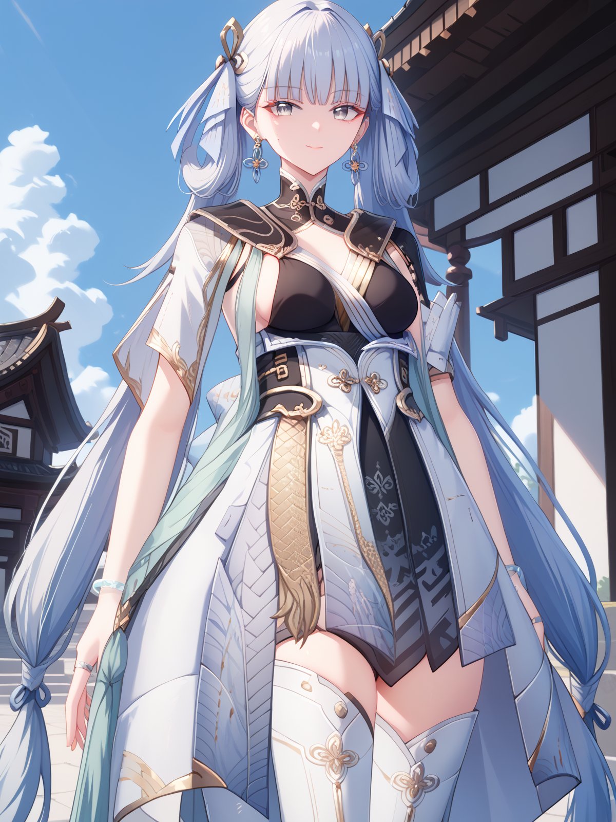 ((score_9)), ((score_8)) smile, looking at viewer,   <lora:JinshiPonyV5-04:1> jinshiponyv5, 1girl, long hair, earrings, closed mouth, grey eyes, medium breasts, blunt bangs, dress, ribbon, hair ribbon, mole under eye, very long hair, short sleeves, bracelet, ring, collarbone,  white thighhighs, thigh boots, cowboy shot, temple, east asian architecture, 