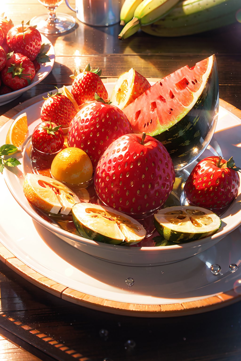 masterpiece,best quality,(ray tracing, reflection light),sunlight,(, Strawberry, apple, Banana, Grape, Hami melon, Tomatoes, Oranges)