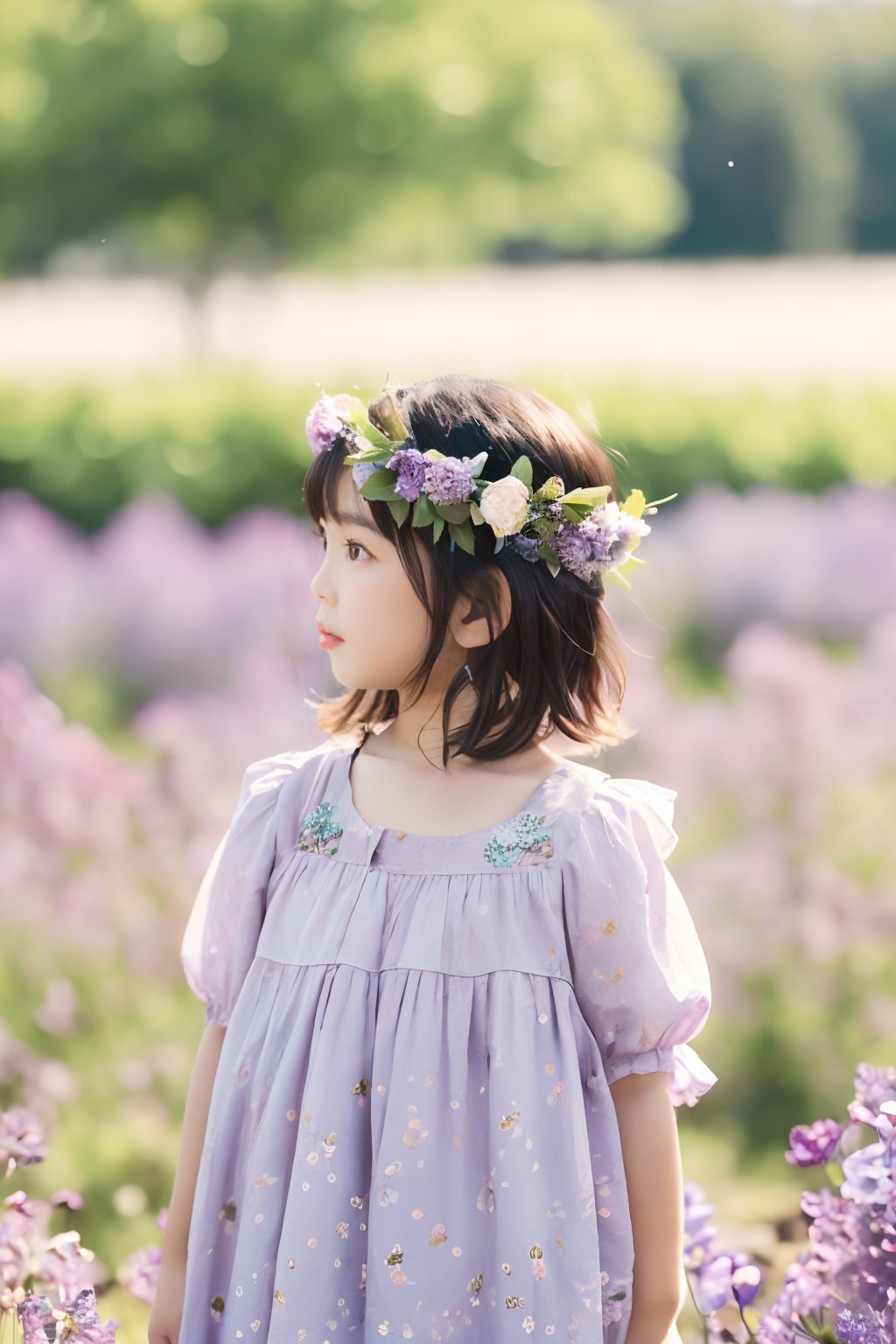 a young girl standing outdoors,surrounded by a field of purple flowers. She is wearing a light-colored dress with a floral pattern and a floral head wreath. Her dark hair is styled in a bob,and she is looking to her right. The background is blurred,emphasizing the girl as the main subject.,