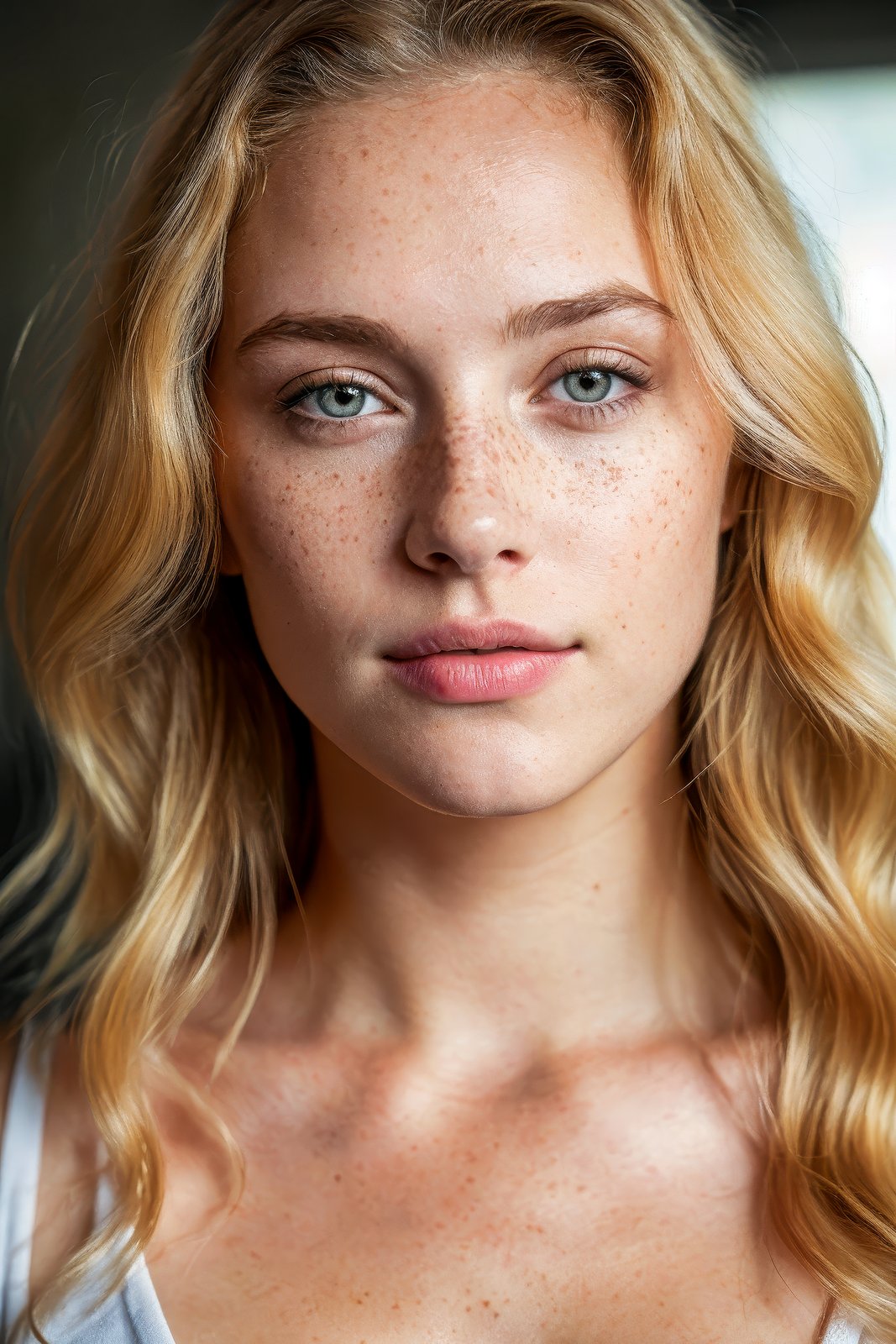 a photo portrait of a beautiful girl with curls and lots of freckles, (dirty blonde hair), (face portrait:1.5), dramatic light, Rembrandt lighting scheme, (hyperrealism:1.2), (8K UHD:1.2), (photorealistic:1.2), shot with Canon EOS 5D Mark IV, detailed face, detailed hair