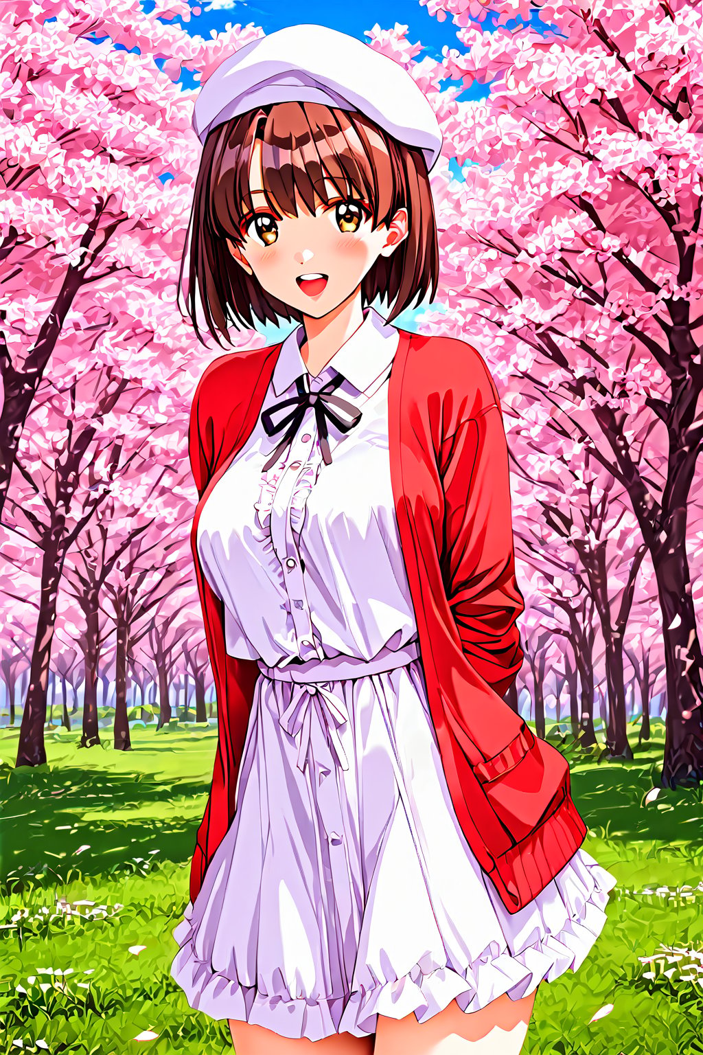 satou nozomi,1girl, outdoors, solo, brown hair, hat, cherry blossoms, white headwear, tree, smile, brown eyes, looking at viewer, open mouth, short hair, day, arms behind back, red jacket, sky, beret, blue sky, skirt, neck ribbon, ribbon, frills, jacket, breasts, dress, petals, shirt, cloud, open clothes, black ribbon, cowboy shot, :d, long sleeves, white shirt, blush, white dress, teeth, medium breasts, open jacket, standing, grass, collared shirt, cardigan, upper teeth only, red cardigan, white skirt,masterpiece, perfect face, best quality, beautiful girl, cute girl, beautiful eyes, shiny eyes, anime coloring, anime screencap, absurdres, award winning,  <lora:satou nozomi kohaku:0.8>