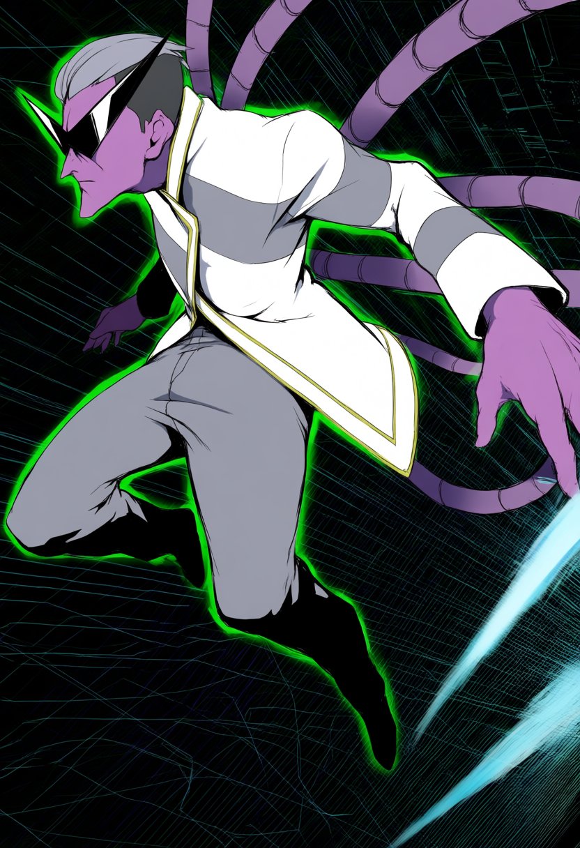@medaka_ken'ichi,  medaka ken'ichi. This stylized digital illustration depicts HuginDD a man with purple skin,  short grey...