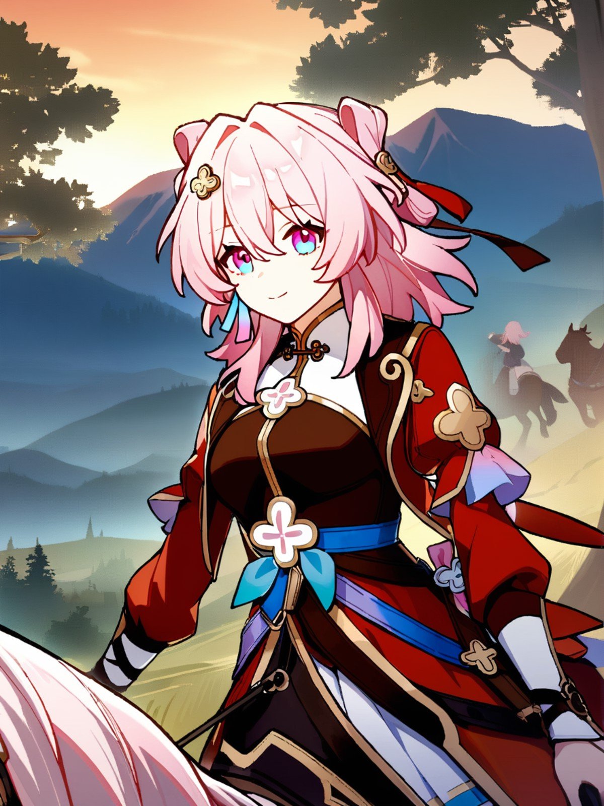 1girl,    march 7th \(hunt\) \(honkai: star rail\), solo, image fill, esert, horseback riding, adventure, wide-open space, (sunset:1.1), (exploration:1.2), red sleeves, riding, tree, reins, mountain, sky, outdoors, long sleeves, horse, blue sky,   safe <lora:mki-ani31-march_7th_hunt-v4:1>