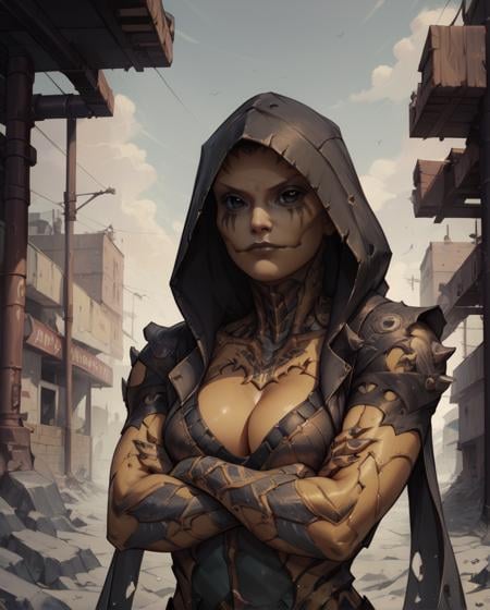 score_9,score_8_up,score_7_up,dvorah,black eyes,facial mark,hood up,hood,armored skin,cleavage,crossed arms,standing,upper body,underground,<lora:Dvorah:0.8>,