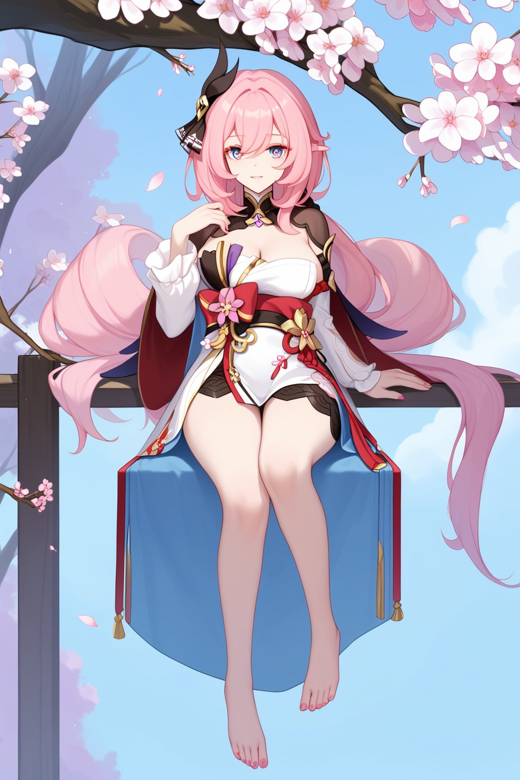 <lora:爱莉希雅pony:1>,elysia,a girl named elysia,elysia (honkai impact),1girl,solo,outdoors,full body,looking at viewer,sitting,smile,cleavage,barefoot,feet,legs,bare legs,dress,long sleeves,toes,toenails,pink nails,pink flower,blue sky,cherry blossoms,cloud,tree,branch,, (score_9,score_8_up,score_7_up),(masterpiece,best quality,high quality:1.2),absurdres,