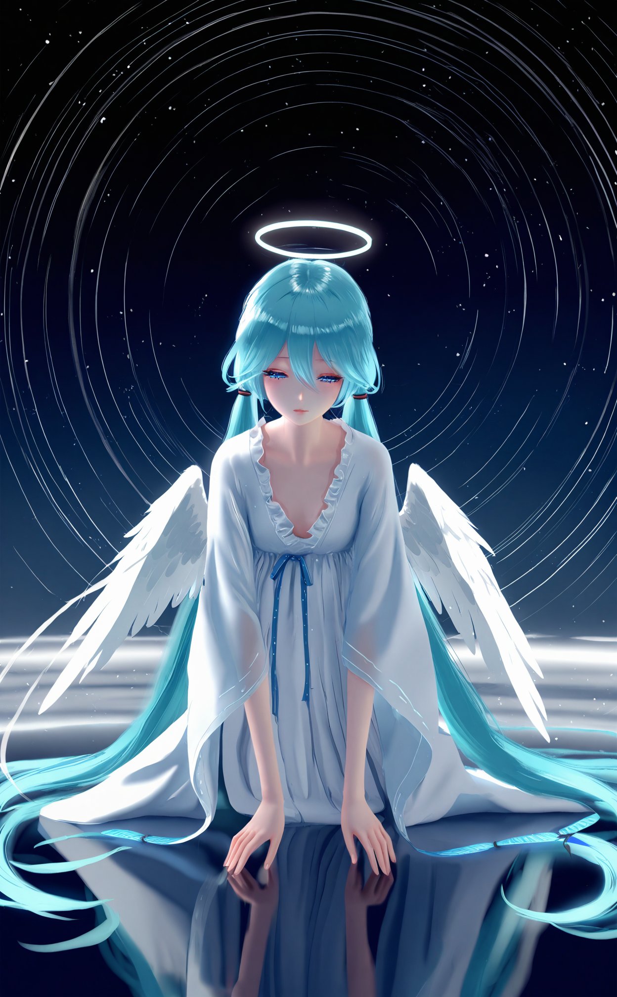 (masterpiece),(best quality),illustration,ultra detailed,hdr,Depth of field,(colorful),loli,[Artist:wlop],[[Artist:sheya]],Artist:hiten_(hitenkei),mmd,hanfu,1girl,solo,wings,long hair,hatsune miku,halo,dress,blue theme,very long hair,angel wings,twintails,angel,white dress,all fours,light particles,feathered wings,looking down,hair between eyes,half-closed eyes,white wings,frills,feathers,star (sky),monochrome,blue eyes,