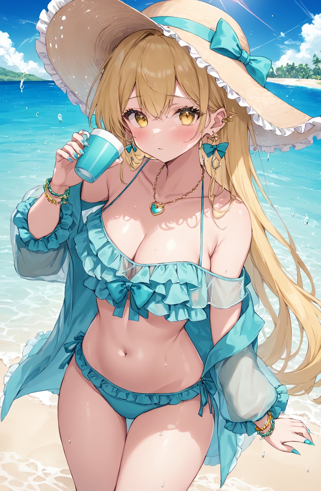 1girl, solo, full body, aqua nails, blonde hair, eyelashes, fingernails, long eyelashes, long hair, yellow eyes ,arm support, blush, closed mouth, leaning forward, looking at viewer, solo, staring, bare shoulders, bikini, bow, bracelet, cleavage, collarbone, earrings, frilled bikini, frills, hair ornament, hat, jewelry, long sleeves, nail polish, navel, necklace, off shoulder, see-through, shirt, stomach, sun hat, swimsuit, thighs, wet clothes, holding, cup,