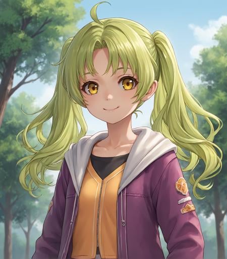 score_9, score_8_up, score_7_up, score_6_up, score_5_up, score_4_up, BREAK source_anime,1girl, solo,  upper body, portrait ,  looking at viewer, smile, outdoors, sky, trees,<lora:Racoonkun_Artist_Style:0.6>, racoonsan  <lora:KeABannings:0.9>, KeA Bannings, yellow eyes, green hair, twintails, ahoge, young, small breasts, purple jacket, yellow shirt, white hotpants, shorts, orange sneakers,