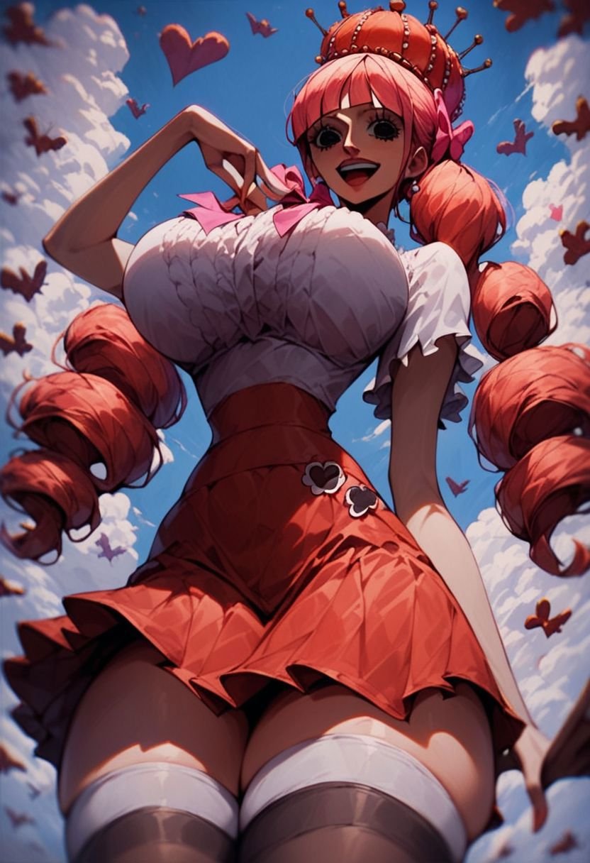 Perona, skinny, From behind looking at viewer, huge ass, laughing one hand to the mouth, sexy, big round breasts,score_9, score_8_up, score_7_up, 1girl, source_anime, low angle view, big thighs, stockings, sexy thigh red skirt