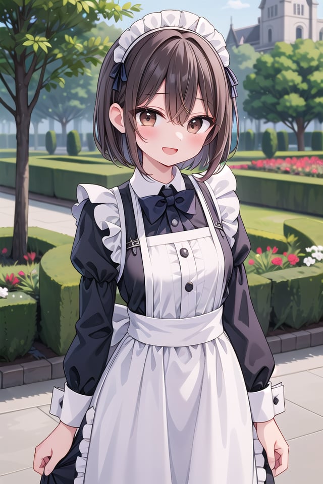 insanely detailed, absurdres, ultra-highres, ultra-detailed, best quality,1girl, solo, nice hands, perfect handsBREAK(cleavage:-1.5),(traditional maid:1.2),apron, blush, bow, bowtie, frilled apron, frills, long sleeves, maid, maid apron, maid headdress, waist apron, white apron,(maid costume, maid hair dress:1.3), long skirtBREAKhappy smile, laugh, open mouthBREAK,standing, cowboy shot, looking at viewerBREAKslender, kawaii, perfect symmetrical face, ultra cute girl, ultra cute face, ultra detailed eyes, ultra detailed hair, ultra cute, ultra beautifulBREAKfantasy world, garden of a castle, depth of field, ultra detailed backgroundBREAKmedium breastsBREAK(brown hair, brown eyes), short bob cut, hair between eyes