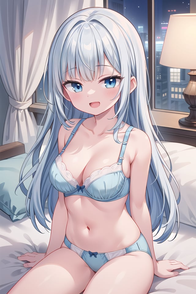 insanely detailed, absurdres, ultra-highres, ultra-detailed, best quality,(wearing pastel colored bra , wearing pastel colored panties :1.3),1 girl, solo, happy smile, laugh, open mouth,(sitting on bed), seductive pose, cowboy shot, looking at viewer,slender, kawaii, perfect symmetrical face, ultra cute girl, ultra cute face, ultra detailed eyes, ultra detailed hair, ultra cute, ultra beautiful,by Canon EOS, SIGMA Art Lens 35mm F1.4, ISO 200 Shutter Speed 2000,elegant hotel room, closed curtains, antique interior, ultra detailed background,cinematic light, indirect lighting, evening light, depth of field,medium large breasts, ,(white long hair, blue eyes),