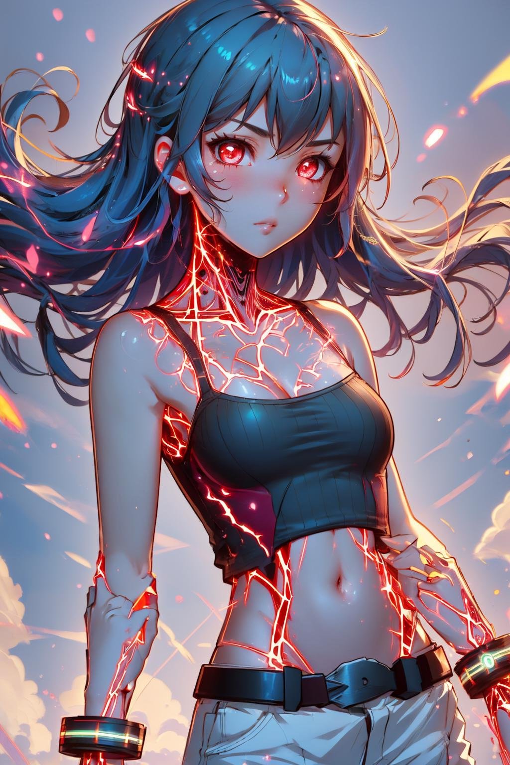 masterpiece, best quality,    <lora:glowingveins-nvwls-v1-000012:1> 1girl, glowingveins, red theme, glowing veins  <lora:sabrina-nvwls-v1:0.9> hgsssabrina, blue hair, medium hair, bare shoulders, cleavage, pink camisole, midriff, belt, white pants, bracelet, floating hair, upper body, red sky, (floating:1.5), looking at viewer