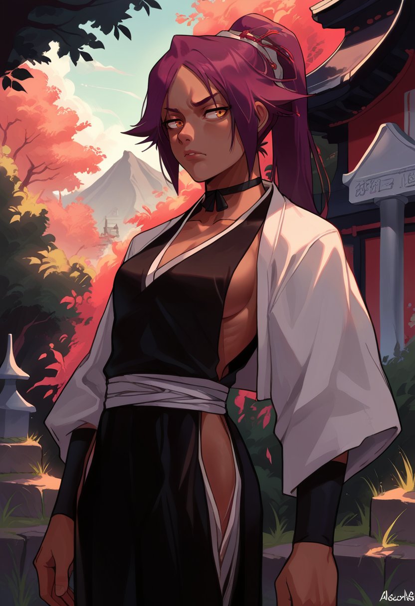 score_9, score_8_up, source_anime, 1girl, solo, YoruichiCaptain, dark-skinned female, long hair, high ponytail, hair tie, black choker, black kimono, sideless kimono, white haori, sash, hip vent, standing, outdoors, shrine, serious expression, <lora:ChamShihouinYoruichiPonyXL:1>