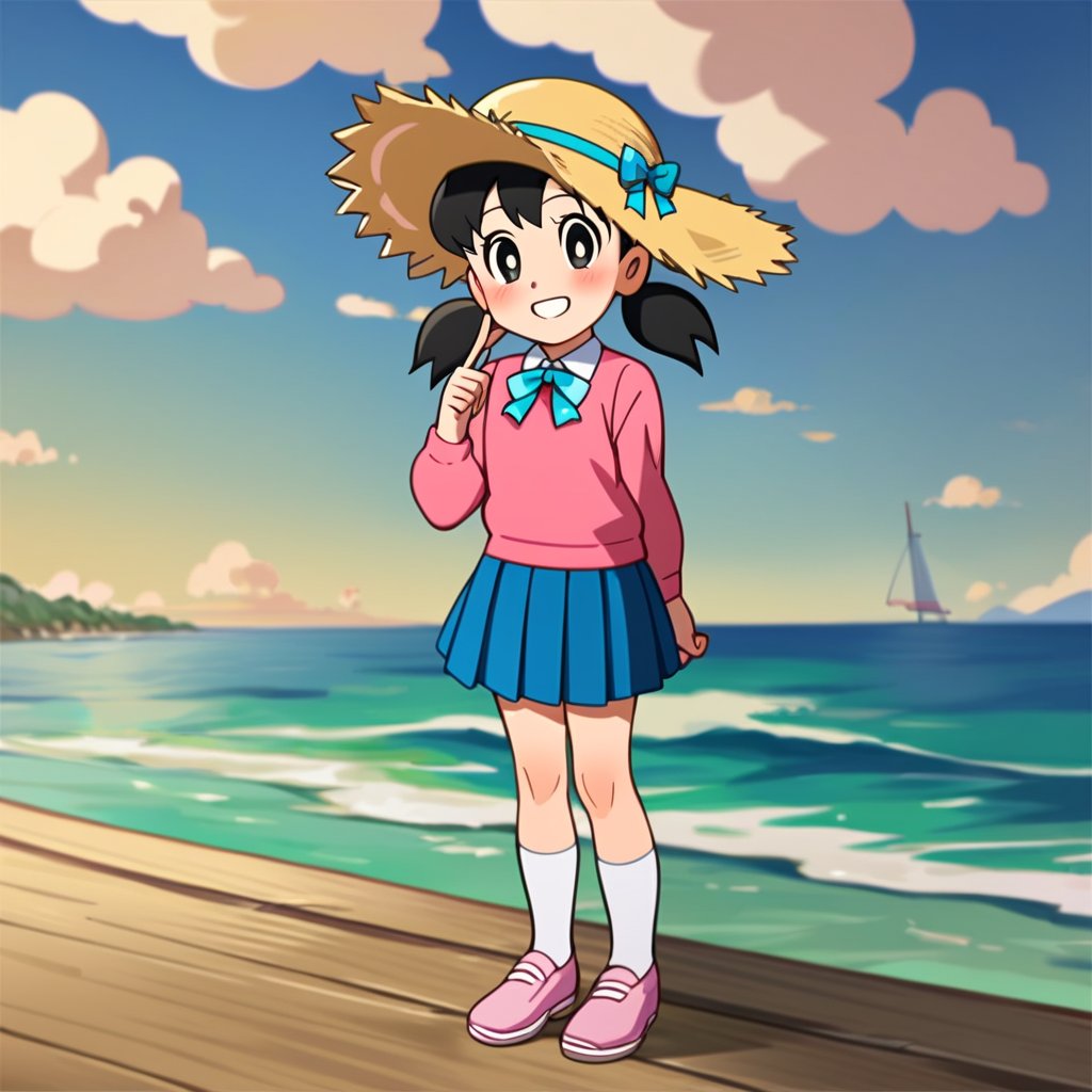 score_9, score_8_up, score_7_up, score_6_up, score_5_up, score_4_up, source_anime,minamoto sizuka,1girl, outdoors, hat, solo, skirt, twintails, black hair, socks, sky, shirt, blue skirt, beach, smile, day, cloud, shoes, black eyes, pink footwear, ocean, white socks, looking at viewer, long sleeves, pink shirt, blue sky, standing, full body, pleated skirt, bright pupils, short twintails, water, white pupils, collared shirt, blush, grin, straw hat, sun hat, hand up, low twintails,masterpiece, perfect face, best quality, beautiful girl, cute girl, beautiful eyes, shiny eyes, anime coloring, anime screencap, absurdres, award winning, full body,<lora:minamoto shizuka auti 923 1:0.8>