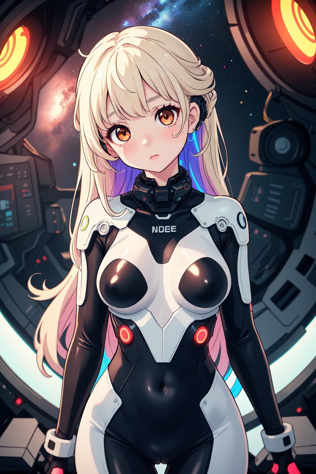 coloured_glaze, 1girl, solo, head tilt, see-through body, colorful body, colorful breasts, long hair, bodysuit,breasts, space, brown eyes, looking at viewer, Fisheye lens,blurry background, science fiction, neon lights