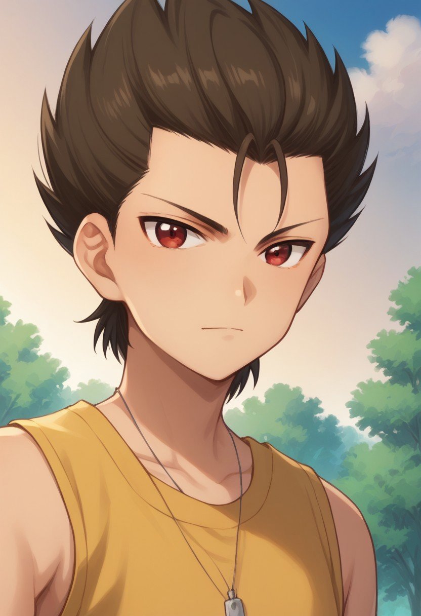 score_9, score_8_up, score_7_up, source_anime, highly detailed, kouta, 1boy, male focus, solo, red eyes, brown hair, upper body, looking at viewer, spiked hair, yellow shirt, sleeveless, outdoor, sky, trees,