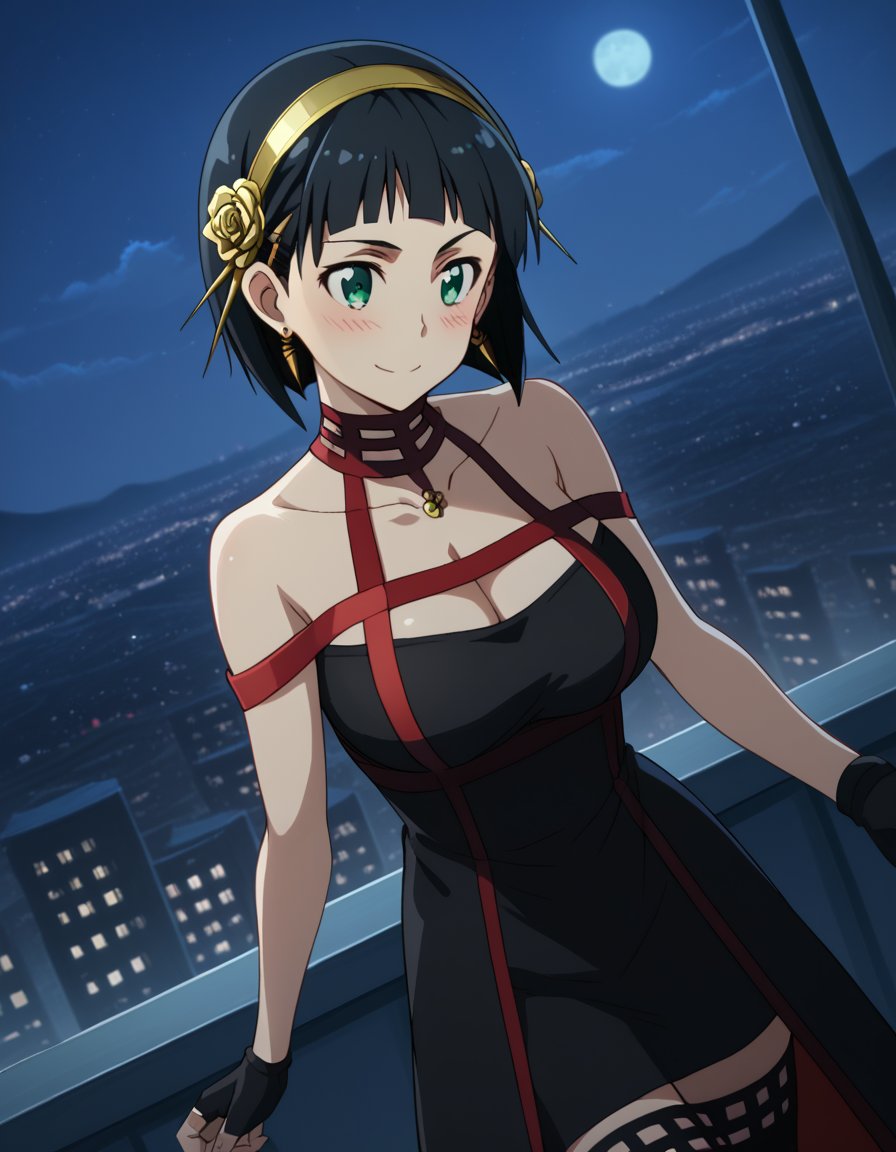 score_9, score_8_up, score_7_up, source_anime, suguhakirigaya, <lora:suguha-kirigaya-s1-ponyxl-lora-nochekaiser:1>, suguha kirigaya, short hair, black hair, hair ornament, hairclip, green eyes, large breasts,, <lora:yor-briar-cosplay-ponyxl-lora-nochekaiser:1>, yorbriarcosplay, yor briar \(cosplay\), bare shoulders, black dress, black gloves, cleavage, dress, earrings, gloves, gold earrings, hair ornament, hair band, jewelry, bare shoulders, collarbone, fingerless gloves, thighhighs, black thighhighs,, cityscape, night, moon, blush, smile,, cowboy shot, dutch angle, solo,