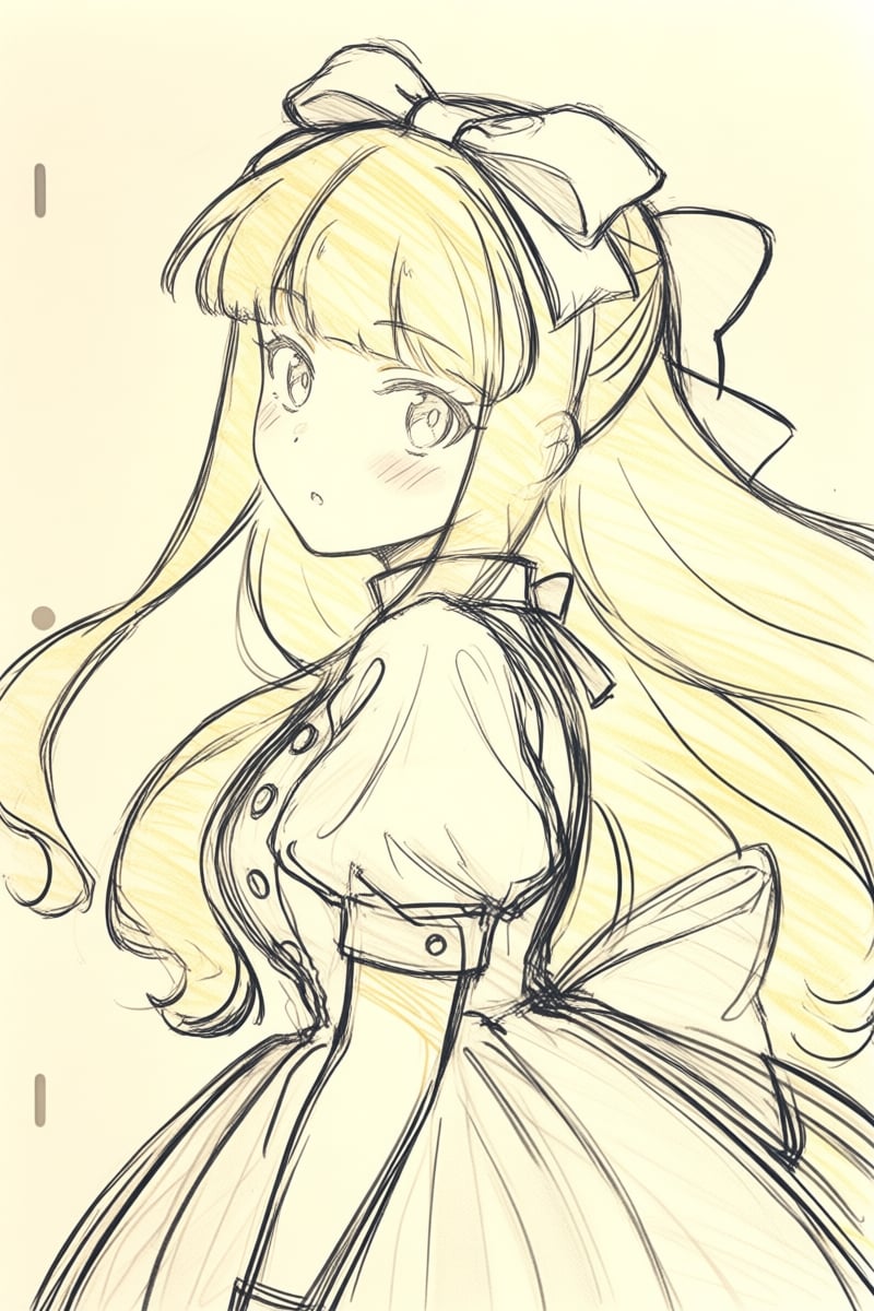 @ppst,  The lines of the drawing are loose and sketchy. The image is a drawing of a young girl with long blonde hair,  loo...