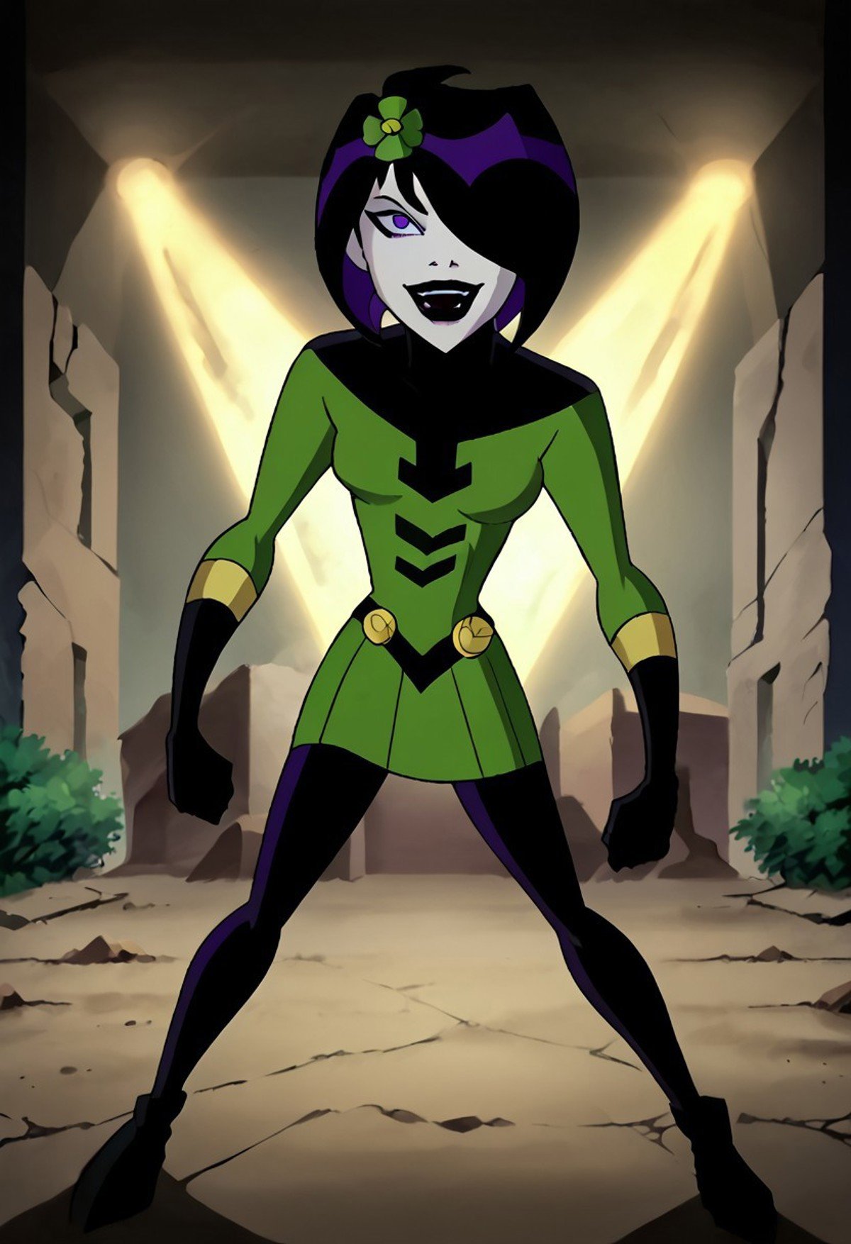 1girl, score_9, score_8_up, score_7_up, western cartoon, black belt, black lipstick, black gloves, purple eyes, black hair, dark purple streak in hair, hair cover one eye, medium bob, white skin, black leggings, black belt, gold circle on belt, green flower in hair, bright green dress, skintight dress, long sleeves, bright green sleeves, gold trim on gloves, black turtleneck, black top of dress, sitting on floor, facing back, looking at viewer, legs spread, yelling, happy, masterpiece, high quality, skinny, small bust, full body, cute face, young, very detailed, depth of field, cinematic illumination, volumetric lighting, full color picture, vibrant colors, action pose, hovering, ruins and decay,