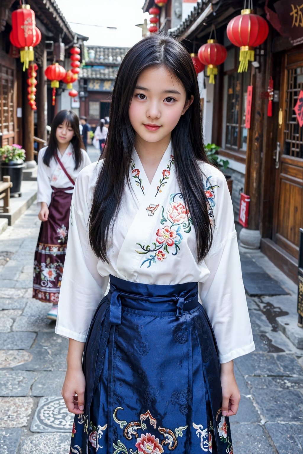 照片中,  一位年轻的亚裔女孩站在一条传统的中国街道上,  她有着乌黑亮丽的长直发和白皙的皮肤。她身穿一件绣有精致花卉图案的白色上衣和一条饰有花纹的高腰藏蓝色裙子。街道两旁挂满了红灯笼 by 天TIN on Tensor.Art