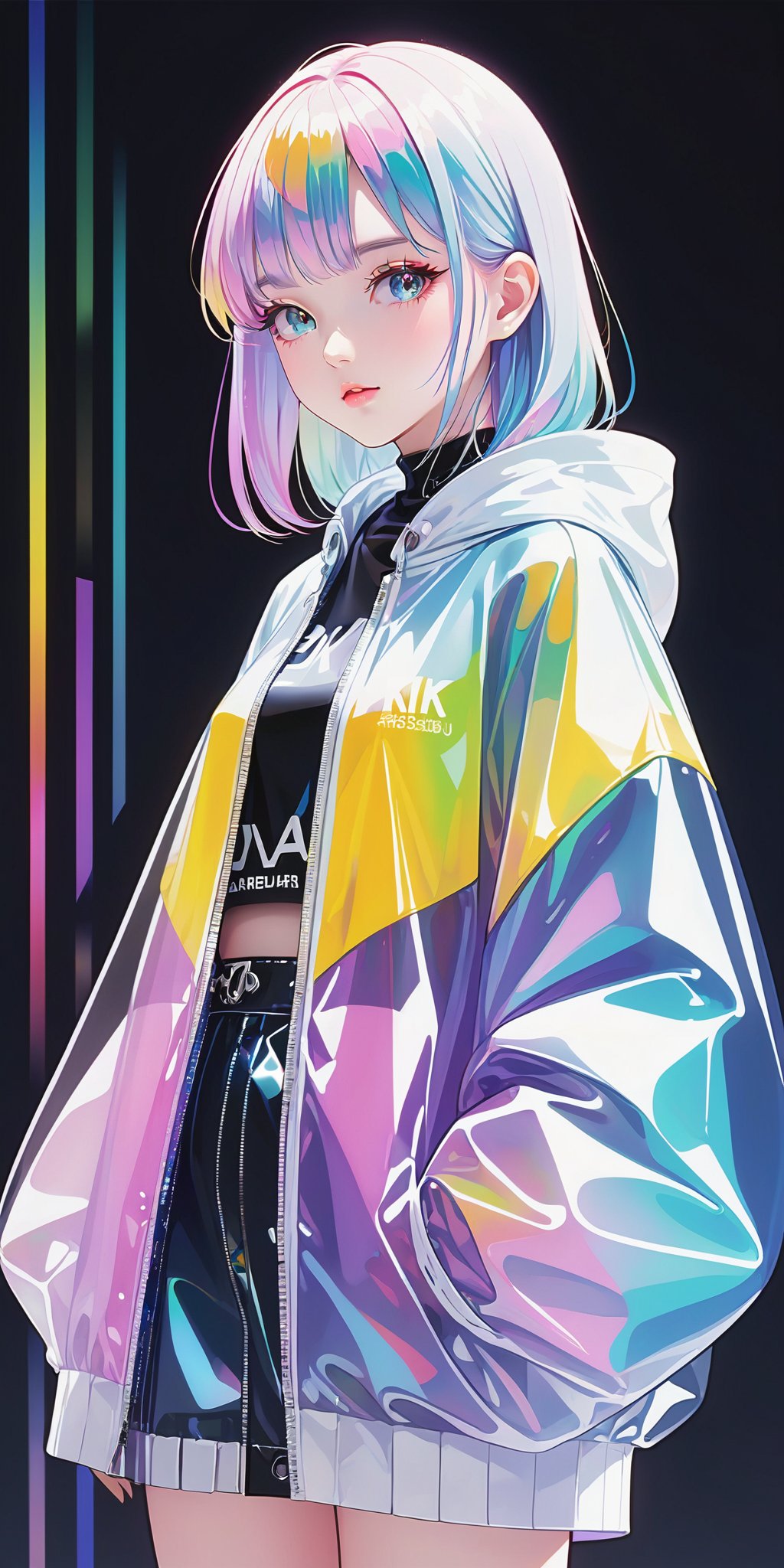 Best quality,masterpiece,transparent color PVC clothing,transparent color vinyl clothing,prismatic,holographic,chromatic aberration,fashion illustration,masterpiece,girl with harajuku fashion,looking at viewer,8k,ultra detailed,pixiv,