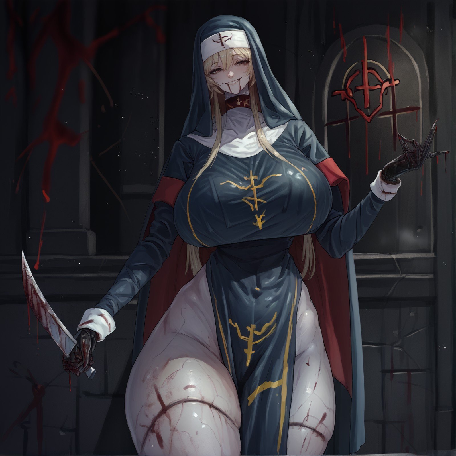 <lora:CanvasSolaris Style V2.5_epoch_10:1> cnvsls, nun, smiling, holding a bloody knife,, score_9, score_8_up, score_7_up, score_6_up,