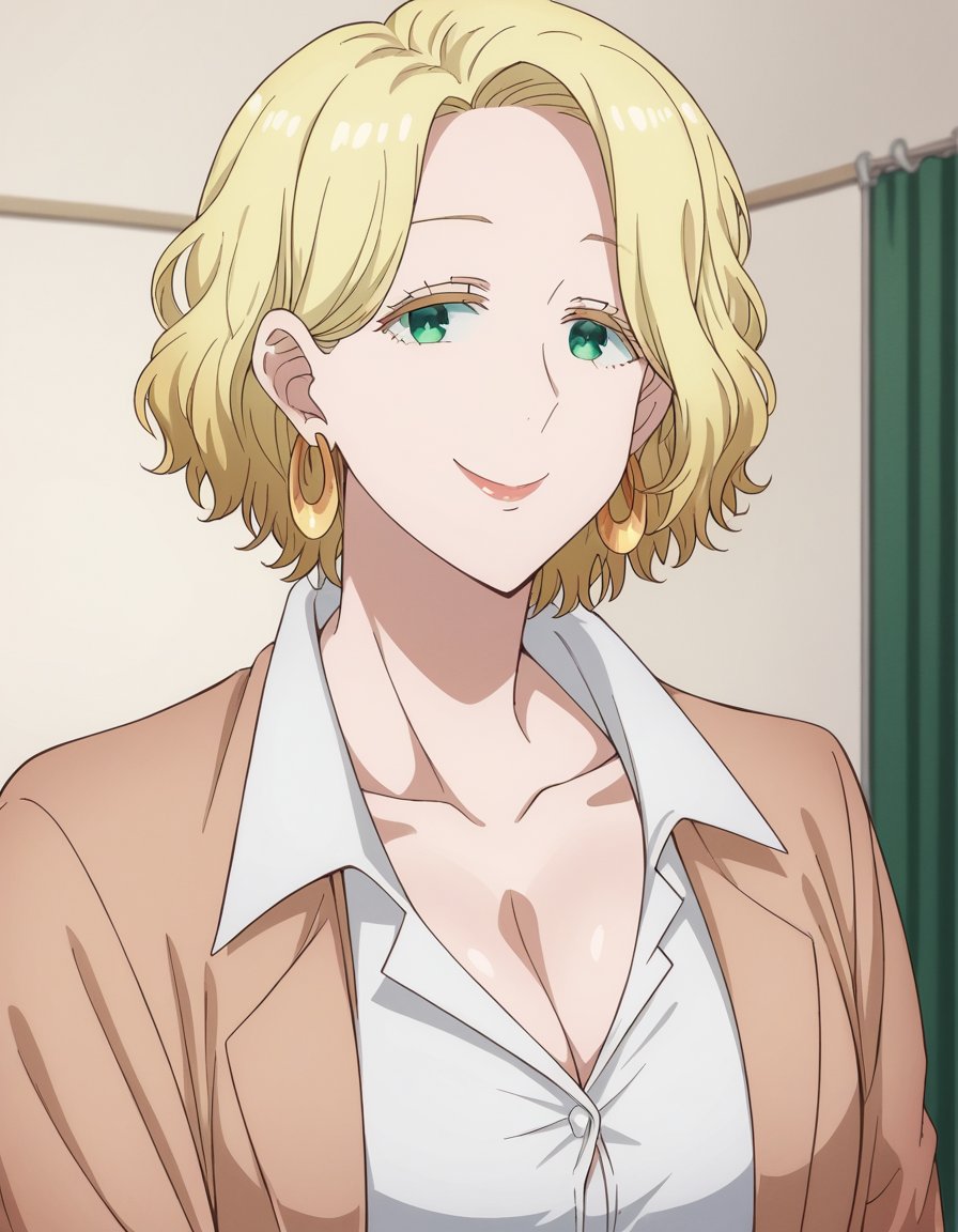 score_9, score_8_up, score_7_up, source_anime, <lora:ferris-olston-s1-ponyxl-lora-nochekaiser:1>, ferris olston, short hair, blonde hair, green eyes, mature female, large breasts,, shirt, cleavage, jewelry, collarbone, jacket, white shirt, earrings, collared shirt, brown jacket, hoop earrings,, indoors, smile, looking at viewer, solo,, cowboy shot, dutch angle