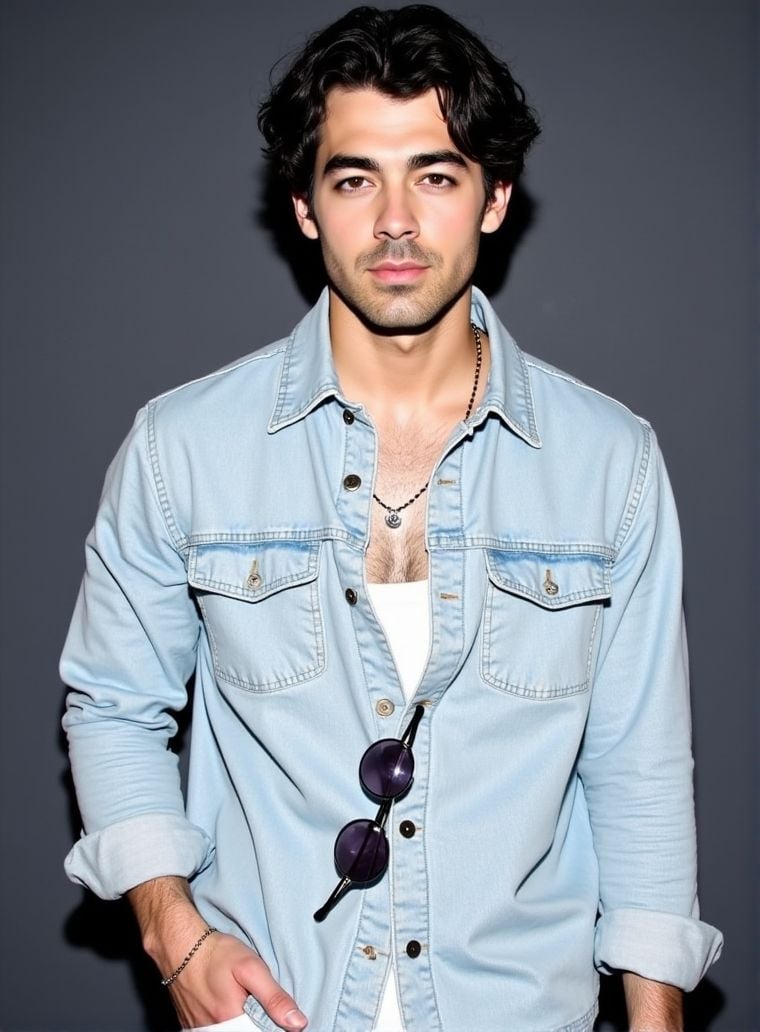 Joe Jonas ,  stands confidently in front of a dark gray wall. He wears a light denim shirt,  unbuttoned at the top by Hott...