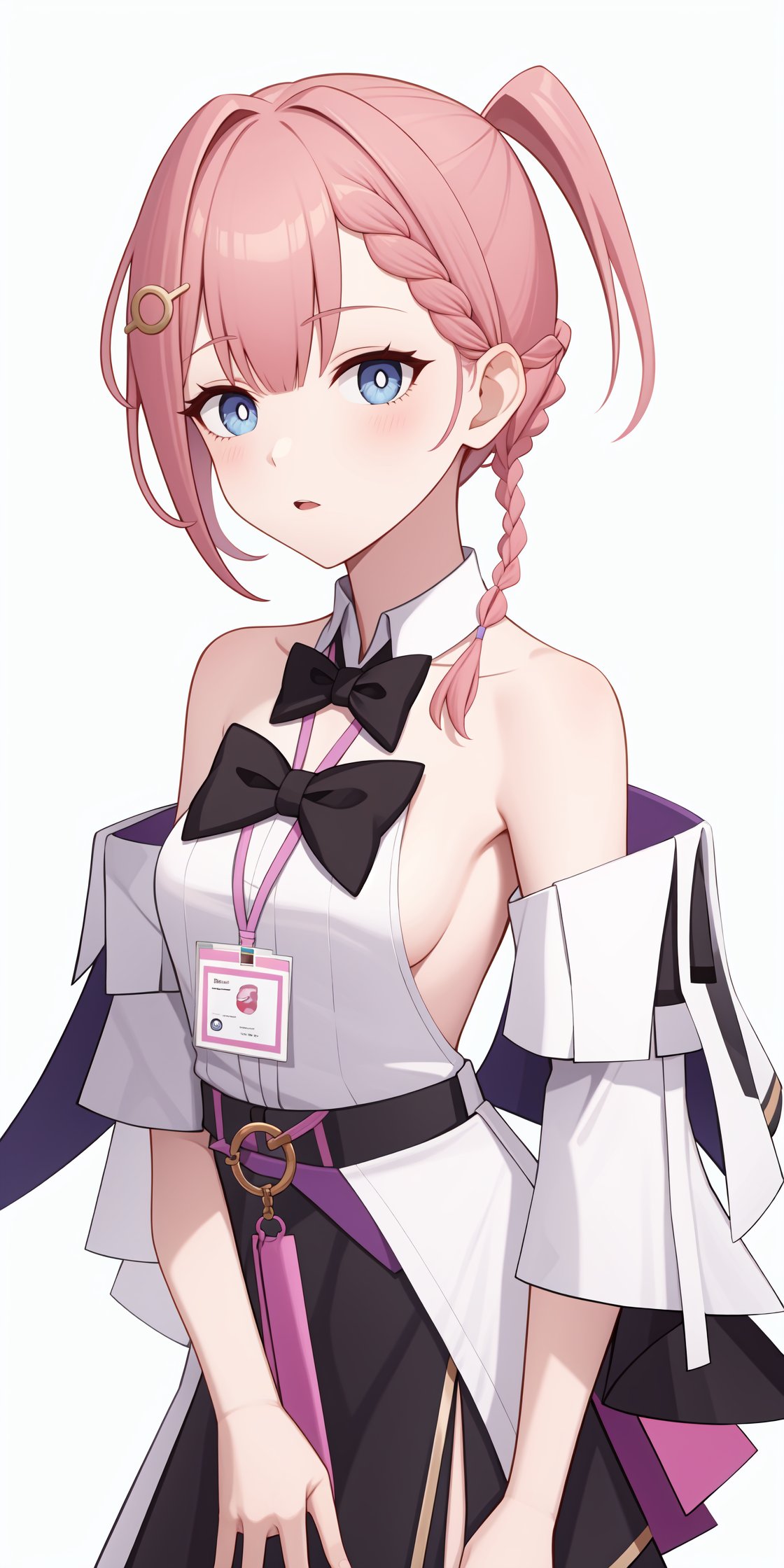 <lora:艾丝妲v2:1:lbw=char>,asta,1girl,pink hair,braid,hair ornament,white shirt,bare shoulders,long hair,detached sleeves,sleeveless shirt,black skirt,id card,bowtie,, (masterpiece,best quality:1.2),absurdres, high quality,