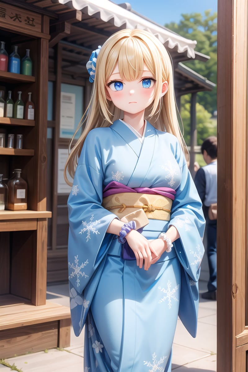 insanely detailed, absurdres, ultra-highres, ultra-detailed, best quality,1girl, solo, nice hands, perfect handsBREAK(pastel-blue and white theme:1.4), (maxi length pastel-blue kimono with [white] obi:1.4), (Extremely detailed snowflake-symbol print:1.3), (white very short ankle socks:1.2), (Japanese clogs geta:1.2), (wrap a white scrunchie around wrist:1.3),(naked skin:-1), (white kimono:-1), (legs:-1.4), (slit:-1.4)BREAKexpressionless, closed mouthBREAK,standing, cowboy shot, looking at viewerBREAKslender, kawaii, perfect symmetrical face, ultra cute girl, ultra cute face, ultra detailed eyes, ultra detailed hair, ultra cute, ultra beautifulBREAKFantasy shop Capture the enchanting and otherworldly beauty of a shop that seems like it belongs in a magical realm, selling extraordinary items, depth of field, ultra detailed backgroundBREAKlarge breastsBREAK(blonde hair, blue eyes:1.2), medium long hair,