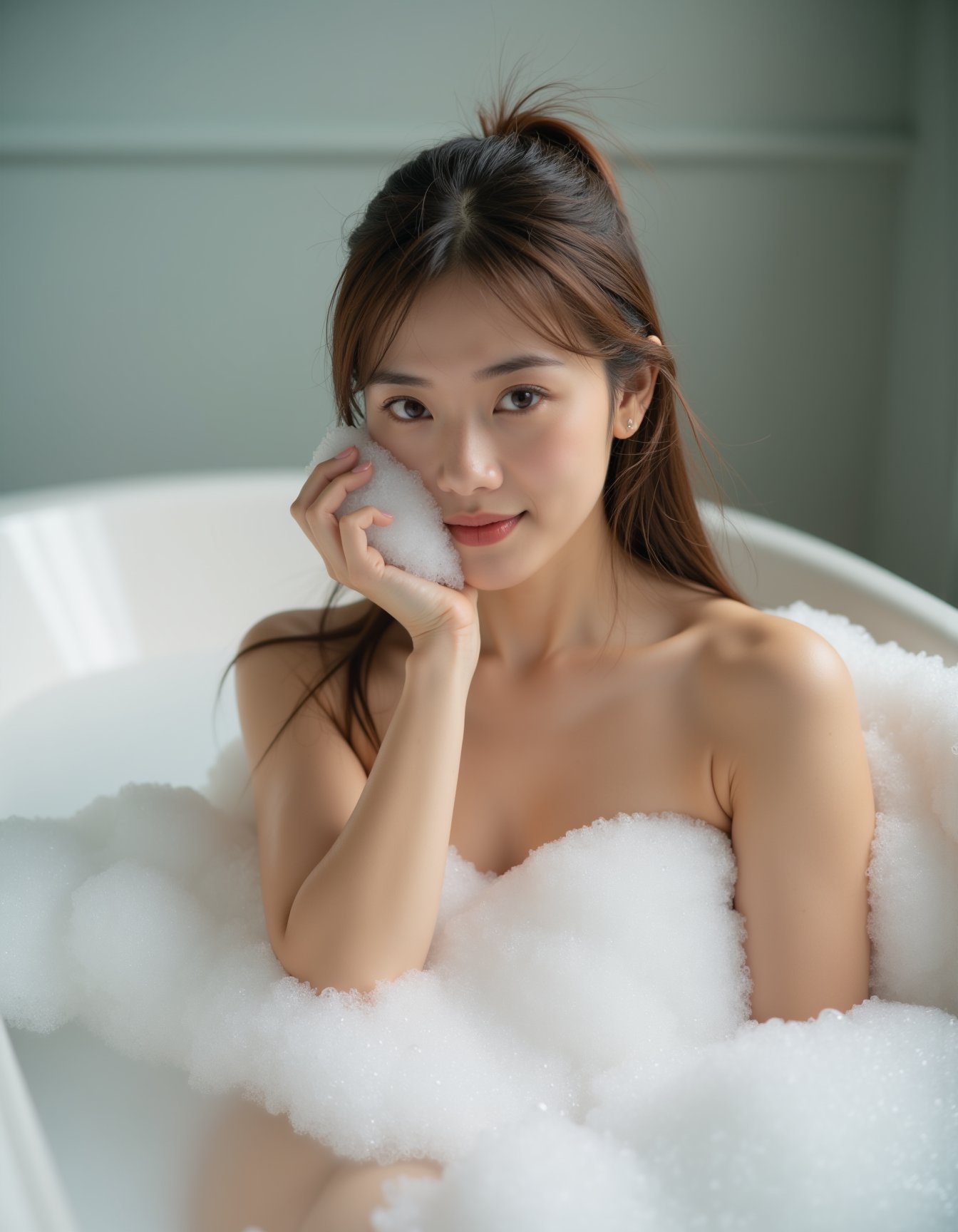 best quality, masterpiece, photo of woman, (bubble bath), (soap bubbles), bathing, bubble cover whole body, professional photo, high contrast exposure, soft bokeh, high key light, hard shadow, soft bokeh, simple background, <lora:hinaFluxAsianMixLora_v2-rev4:0.8>