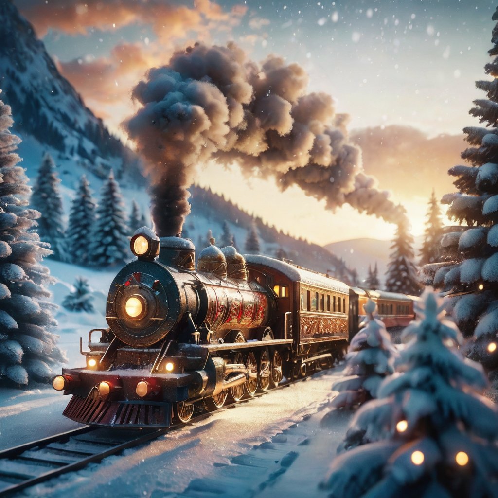 poakl christmas style,train, snow mountain, sunset, (masterpiece),((ultra-detailed)), (highly detailed CG illustration),(expressionless), (best quality:1.2), High quality texture, intricate details, detailed texture, High quality shadow, Cinematic Light, Depth of field, light source contrast, perspective,20s,<lora:poaklSDXLchristmas-000008:0.6>,