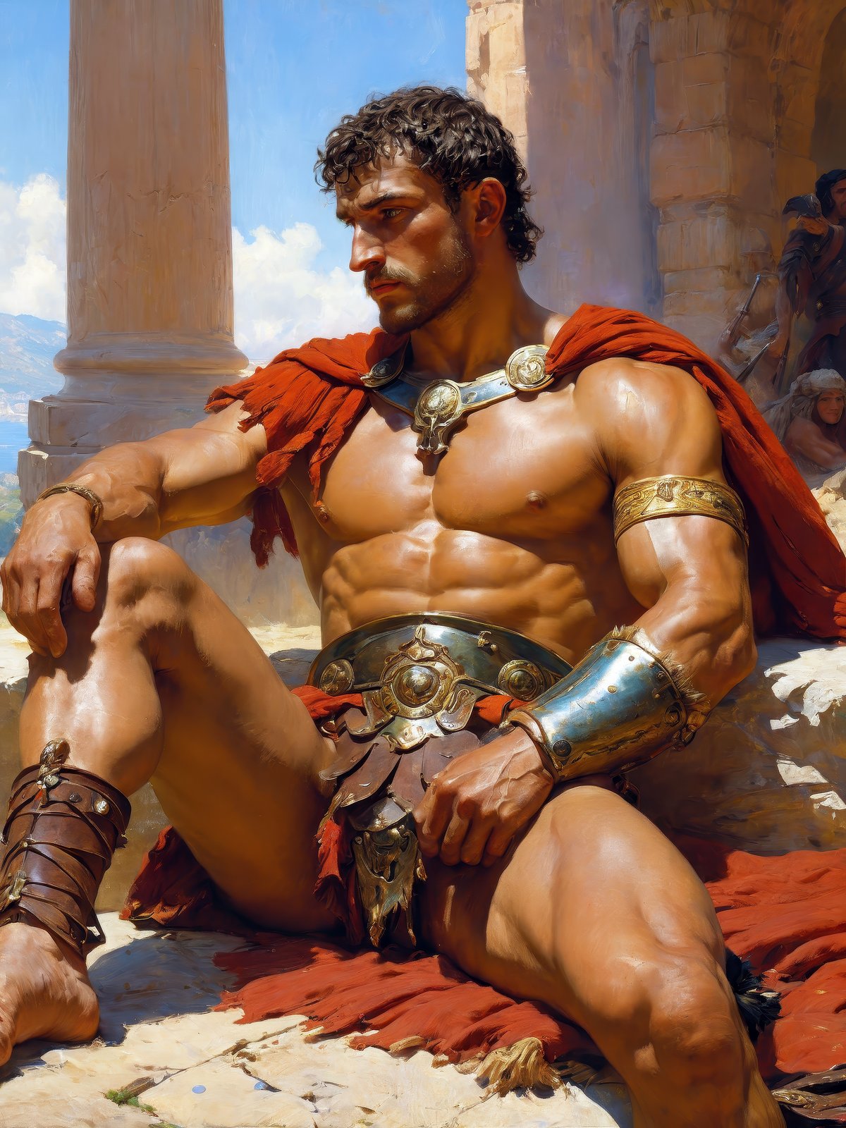 portrait of a resting roman male gladiator, (painting by gaston bussiere, greg rutkowski, ilya repin, Josef von Brandt, oil on canvas, trending on artstation, featured on pixiv, cinematic composition, extreme detail, metahuman creator, epic background), Mediterranean landscape, close up shot, detailed face, exquisite clothing details